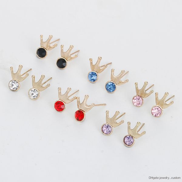 

6pairs Colorful Crystal Crown Stud Earring New Cute Korean Earrings For Women Lovely Birthday Gift Fashion Accessories Set E0270