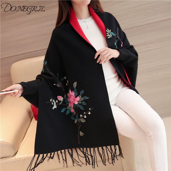 

autumn and winter women's 2019 new peony embroidery loose sweater women's cardigan shawl jacket tassel sweater, Black