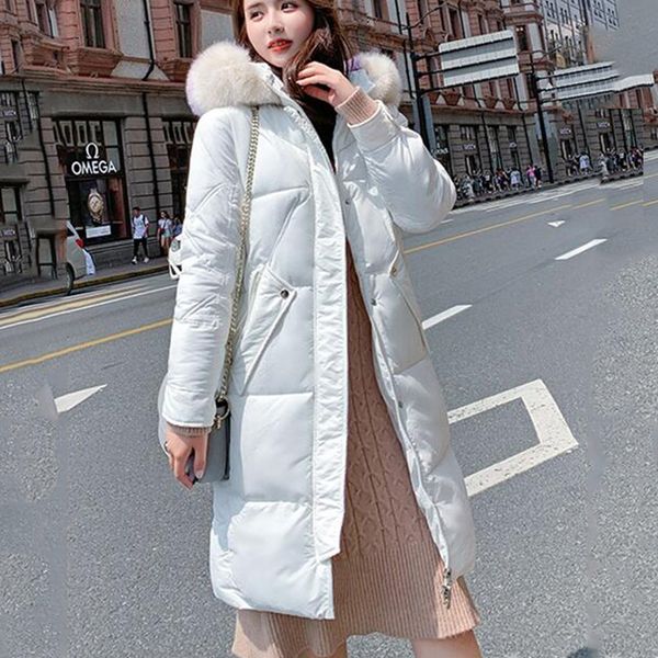 

2019 new winter embroidered jacket women long coat large fur collar hooded duck down parkas plus size warm overcoat cc1244, Black