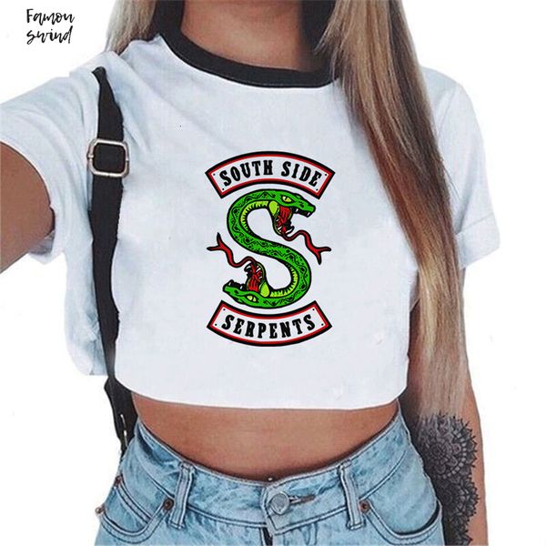 

женщины моды боковые тенниски змеи отпечатано crop top white t рубашки с коротким рукавом рубашки обрезанные snake печати южной печати тройн
