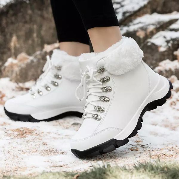 

women winter warm plush ankle boots wedges waterproof snow boots female lace-up platform hiking fur ladies, Black
