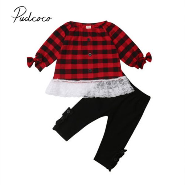 

2019 brand new 6m-4t toddler kids baby girl christmas 2pcs sets outfits plaids lace long sleeve t-shirt solid pants clothes, White
