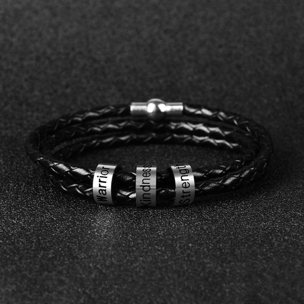 

men personalized engrave lettering stainless steel beads charm bracelet genuine leather braided rope magnetic buckle bracelet, Golden;silver