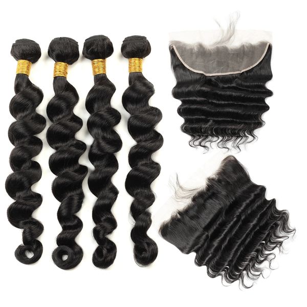 Ishow Indian Solta Pacotes de Cabelo Humano Profundo Com Fechamento Kinky Curly Reta 3/4 PCs com Lace Frontal Peruana Onda do Corpo Para As Mulheres Todas as idades Jet Black Color 8-28inch