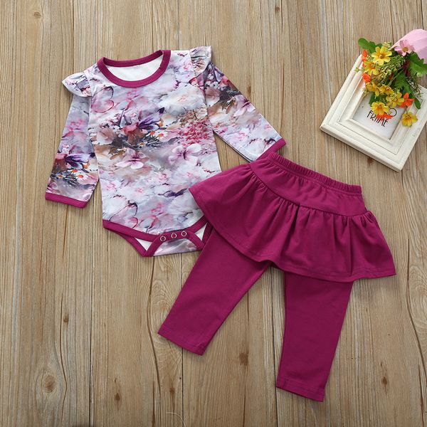 

newborn infant baby girls floral print romper bodysuit+ruffle pants outfits baby girl beautiful skirt clothes sets cute, White
