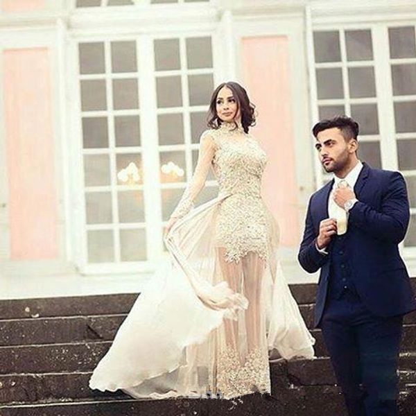 

2019 modern design sheer wedding dresses long sleeve beadings lace appliques illusion tulle bridal gowns custom size, White