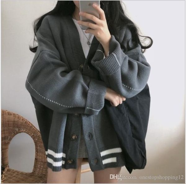 

medium and long style knitted cardigan women's autumn dress 2019 new korean version college style loose and thick single-row button swe, Black