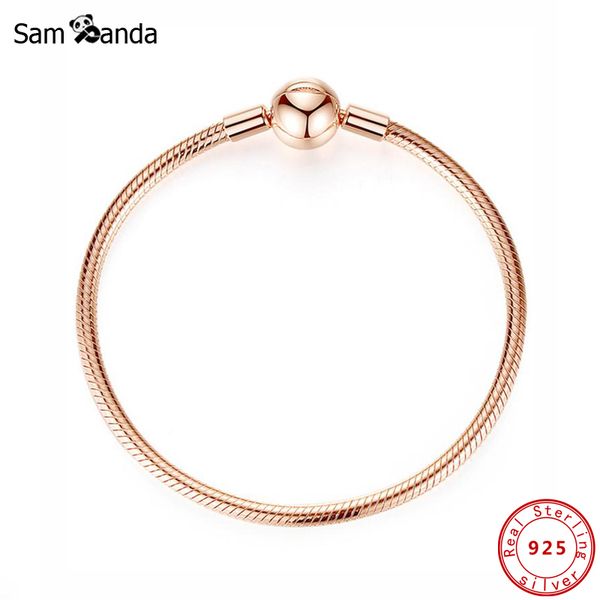 

original 100% 925 sterling silver bracelet smooth clasp charm bead bracelets rose gold snake chain bangles women diy jewelry, Golden;silver