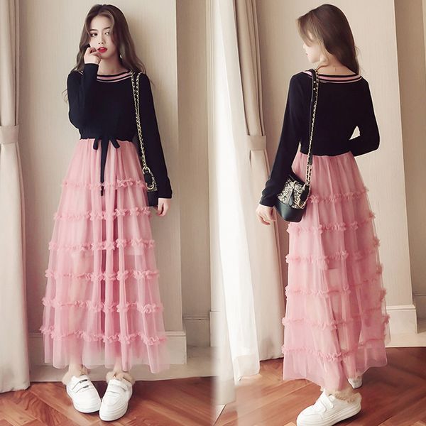 

2019 new spring dress for maternity long sleeve slash neck black patchwork pink ruffles pleated dress pregnnat women sweet, White
