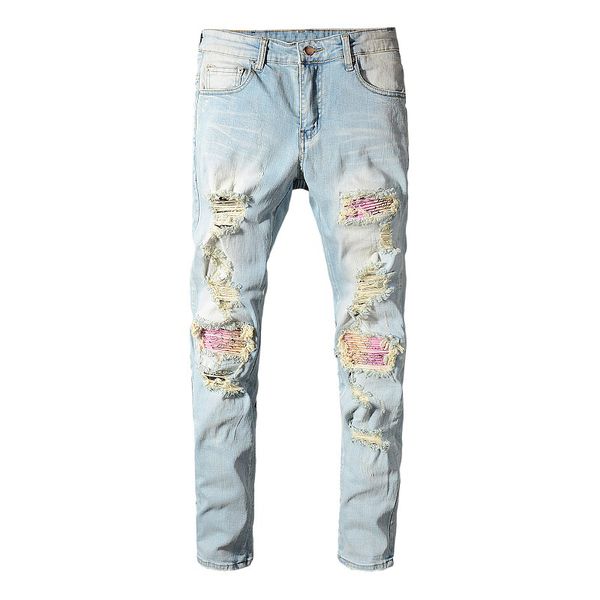 

sokotoo men's patchwork bandanna paisley printed biker jeans light blue holes ripped skinny stretch denim pants trousers