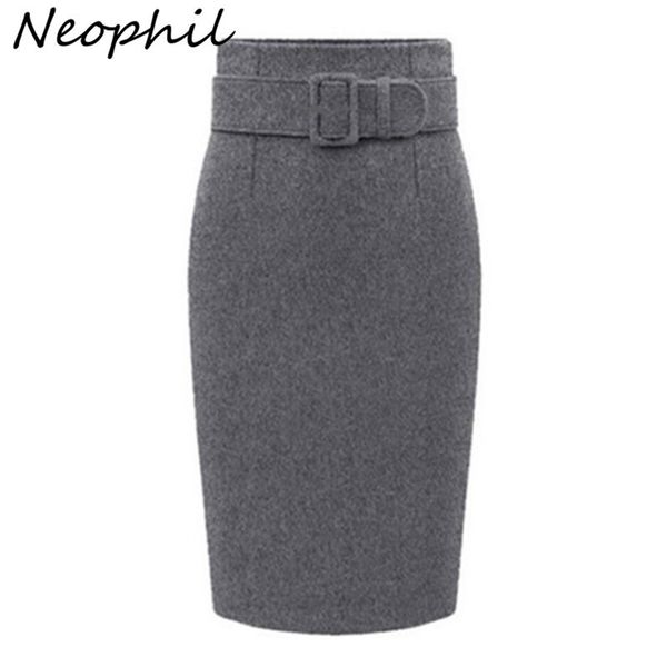 

neophil 2019 winter gray thick wool midi pencil skirts plus size women casual slim high waist belt office work wear saias s1205, Black;gray
