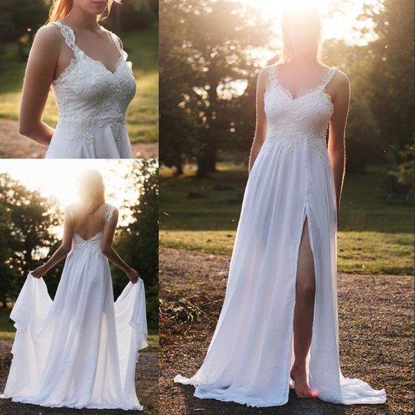 

lace chiffon wedding dresses spaghetti strap backless high front split a line bridal gown with appliques, White