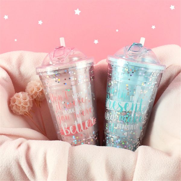 

coffee mugs creative sequin star bpa plastic water bottle with straw travel portable tea milk insulated cup drinkware 420ml