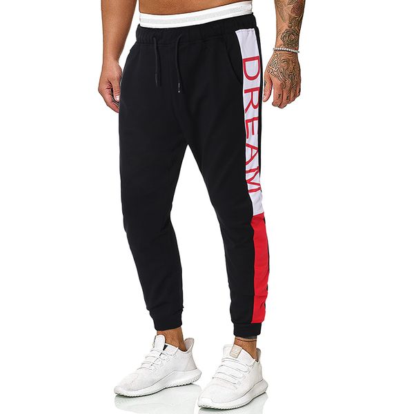 

mjartoria 2019 men trousers full length casual fashion solid color splicing long slim pants streetwear joggers trousers homme, Black
