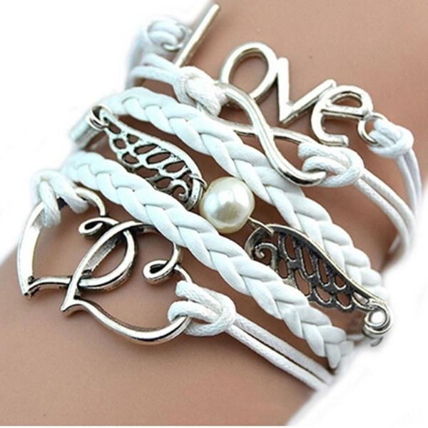 

women bracelets vintage style love infinity friendship multilayer synthetic leather lobster clasp braided white bracelet, Golden;silver