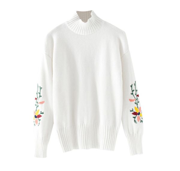 

o-neck women joker sweaters embroidered half-high collar sweater women autumn winter casual female pullover chic tb3098, White;black