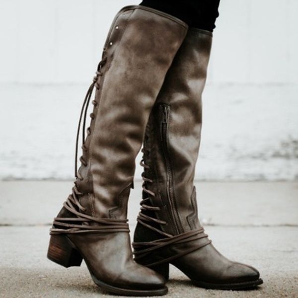 

round toe mid-calf cowboy long boots for women med square heel autumn winter goth boots lace-up mixed colors shoes, Black