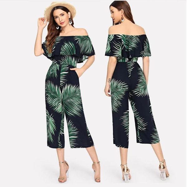 

off shoulder printed loose jumpsuit women summer 2020 body suit with capri pants sxey ruffles casual cotton women clothing, Black;white