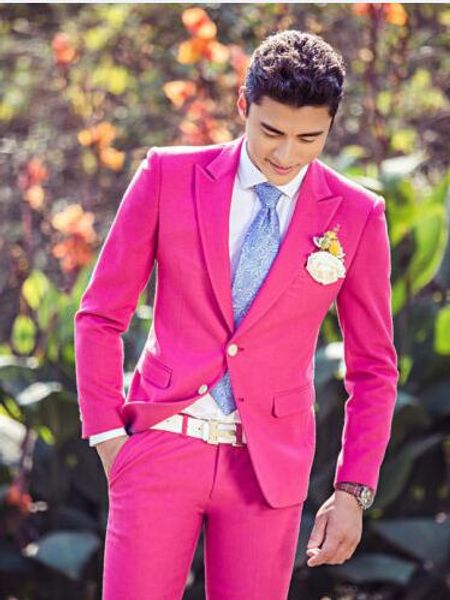 Neueste zwei Knöpfe Pink Bräutigam Smoking spitze Revers Männer Anzüge 2 Stück Hochzeit/Abschlussball/Abendessen Blazer (Jacke + Hose + Krawatte) W760