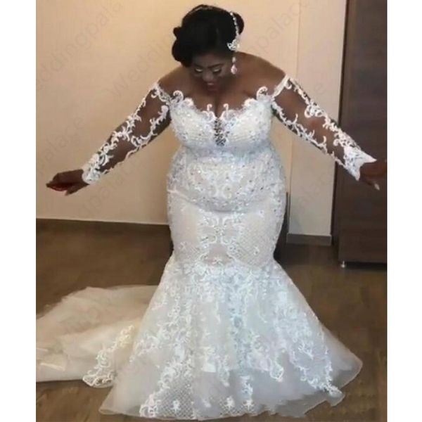 

african plus size wedding gowns white mermaid sheer jewel neck see though long sleeve custom made bridal with lace appliuqes