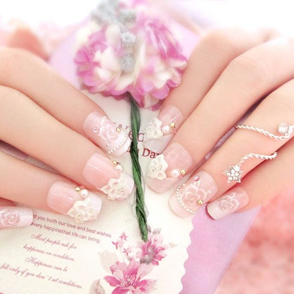 

24 pcs/set full nails tips with glue 3d flowers beads wedding bride fake fingernails nail art decorate tool bv789, Black