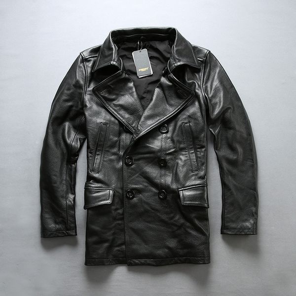 

2020 men's double breasted cow leather jacket with pockets medium style bea coat men stylish real leather coat male, Black