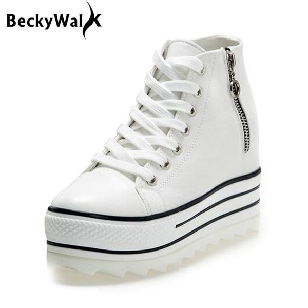 

new fashion womens high heeled platform canvas shoes elevators white black high casual woman shoes with zipper