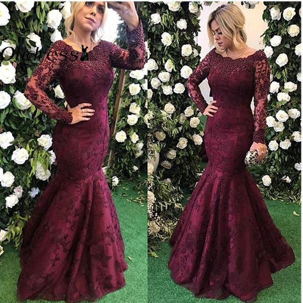 

new mermaid evening dress lace applique beaded 2019 boat neck long sleeves floor length lace prom gown, White;black