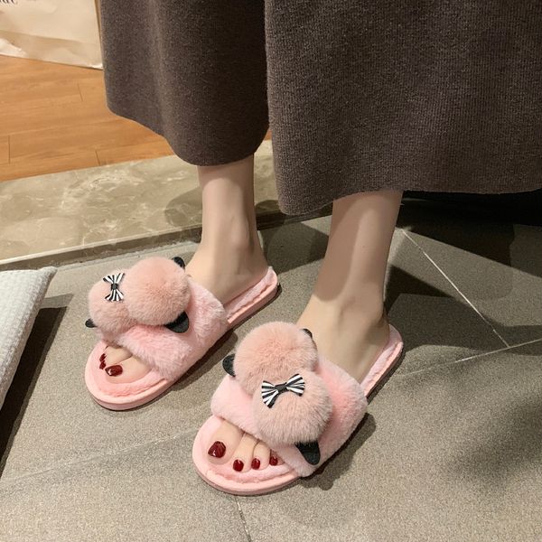 

flat shoes female butterfly-knot plush slippers for adults winter footwear flock low luxury slides shose women fur massage, Black