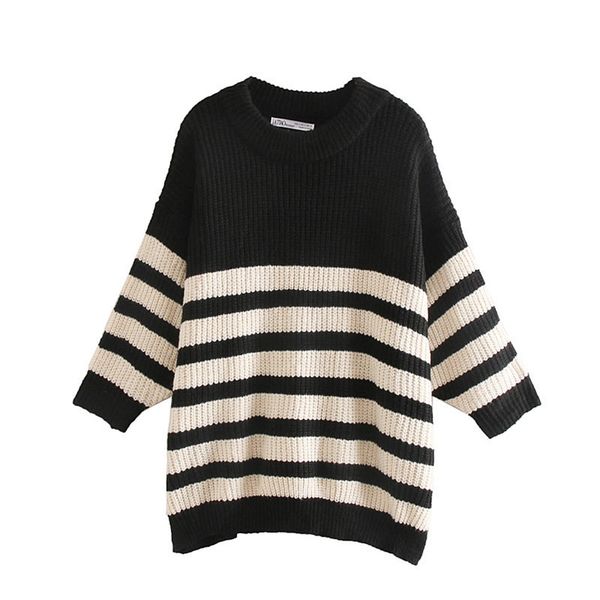 

breeze pullover sweater autumn and winter style black and white striped loose knitted sweater 06873105104, White;black