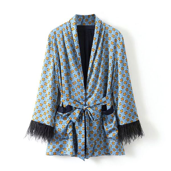 

2018 autumn vintage pajama outwear rayon women coat stylish ostrich hair sleeve elegant blue foral printed loose type belt, Black;brown