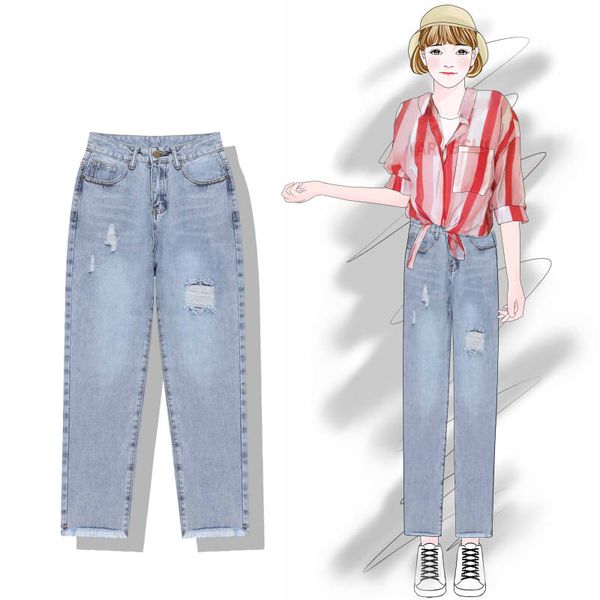 

2019 new fashion women's clothing spring korean version of the hole jeans straight high waist was thin nine pants women, Blue