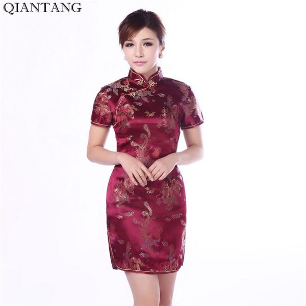 

burgundy traditional chinese classic dress women's satin cheongsam new summer mini qipao size  l xl xxl mujere vestido jy4061, White;black