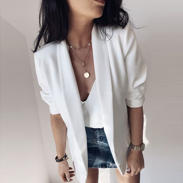 

female loose blazer long sleeve casual jacket office wear coat fashion women's fake pocket small cardigan blazer zomer jurk, White;black