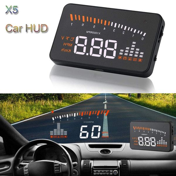 

x5 car hud head up display vehicle obd2 car speedometer windshield projector driving speed alarm voltage mph km/h display