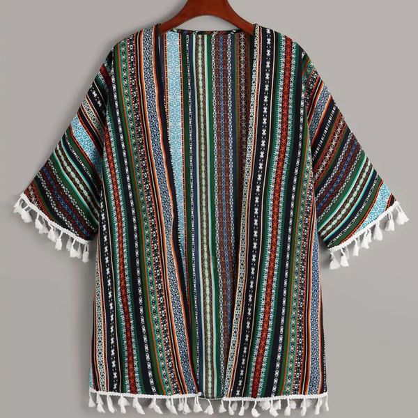 

fashion women stripe shirt tassels bohemia half sleeve blouse loose coat, Black;brown