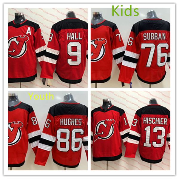 

youth new jersey devils taylor hall jersey kids 86 jack hughes 13 nico hischier 9 taylor hall 76 pk. subban devils jersey, Black;red