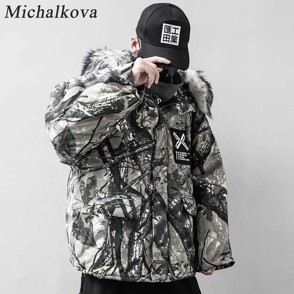 

michalkova hip hop hooded parkas jacket men branch camouflage harajuku streetwear men winter thick coats high street, Black