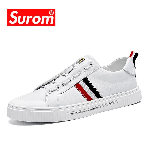 

surom 2019 autumn new men's quality leather casual shoes fashion sneakers men breathable non-slip rubber flats male shoes adult, Black