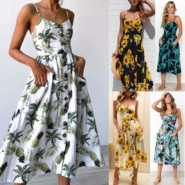 

v neck backless floral print summer beach dress 2020 casual button up sleeveless office plus size ladies dresses vestidos, Black;gray