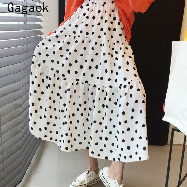 

gagaok women streetwear a-line skirt 2020 summer new arrival empire ruffles dot mid-calf loose casual sweet chic wild skirts, Black
