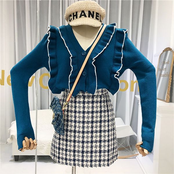 

cardigan fashion women v-neck ruffles sweet solid single breasted women full sleeve sweater female cardigan fall blue white