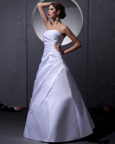

2020 new strapless sleeveless lace up floor length ruffle white satin woman a line wedding dresses vestidos de novia