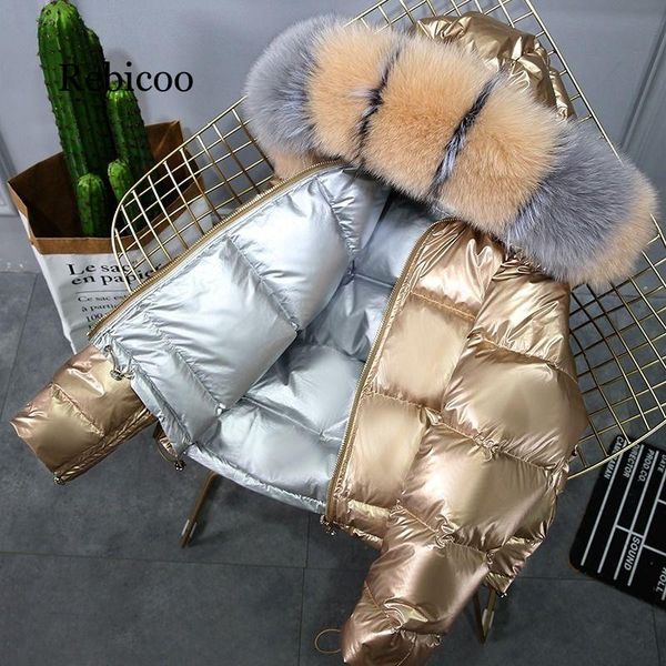 

2019 new bright face winter down jacket female short double-sided fashion fake fur collar coat winter down coat women outerwear, Black