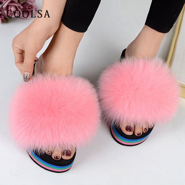 

coolsa real fur slippers women fur slides wedge fluffy flip flops soft fluffy slippers furry ladies platform shoes, Black