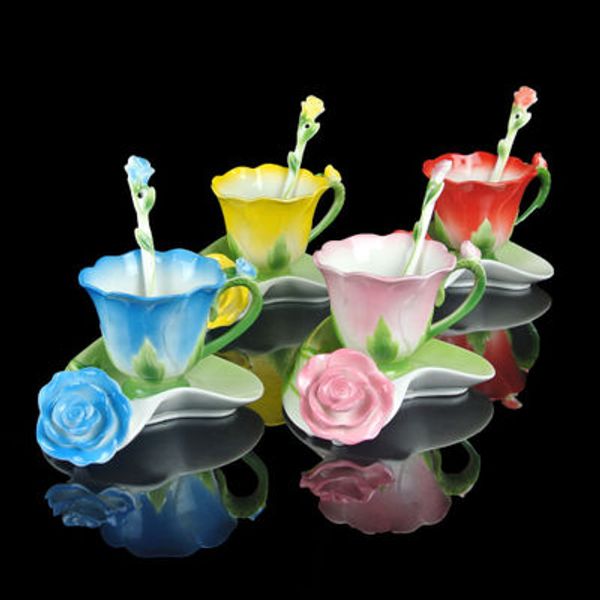 

3d rose enamel coffee mug tea milk cup set with spoon and saucer creative ceramic european bone china drinkware marriage gift lin5076