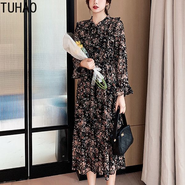 

tuhao office floral print chiffon long dresses spring print long sleeve dress bow flare sleeve elegant dress empire wm181, Black;gray