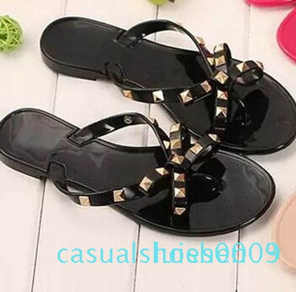 

new 2018 woman summer sandals rivets big bowknot flip flops beach sandalias femininas jelly designers sandals l03, Black