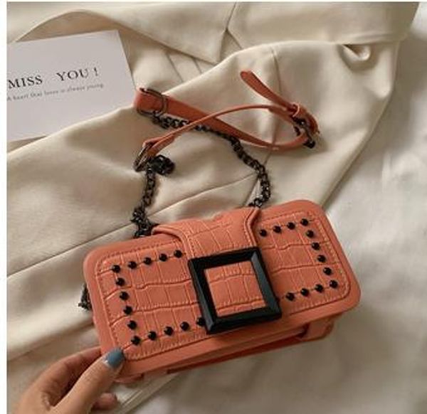

fashion new small bag texture messenger designer female bag wild buckle rivet chain shoulder messenger bag