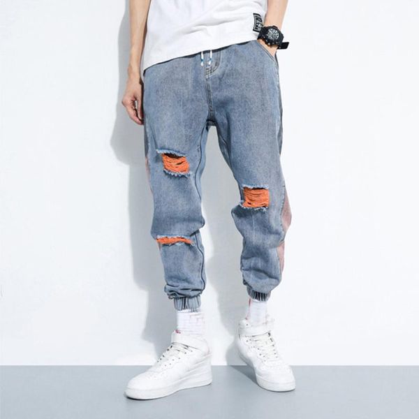

denim ripped jeans for men stretch autumn leisure new fashion loose stretch harlan beamed cropped jeans kot pantolon erkekler#g2, Blue